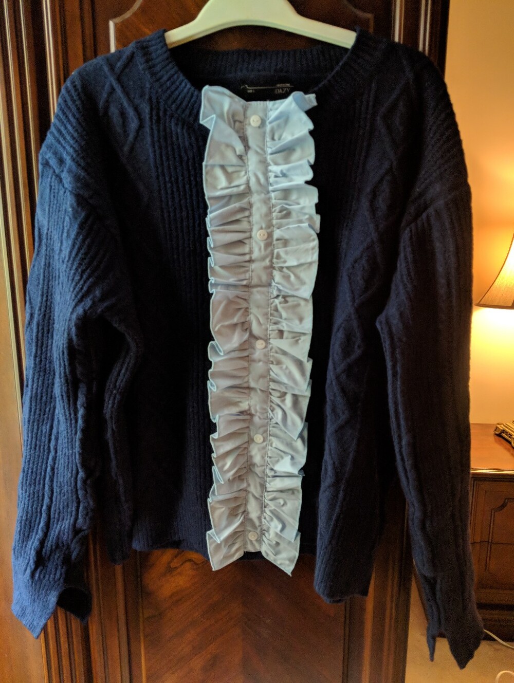 Navy Ruffle-Front Sweater with Light Blue Trim
